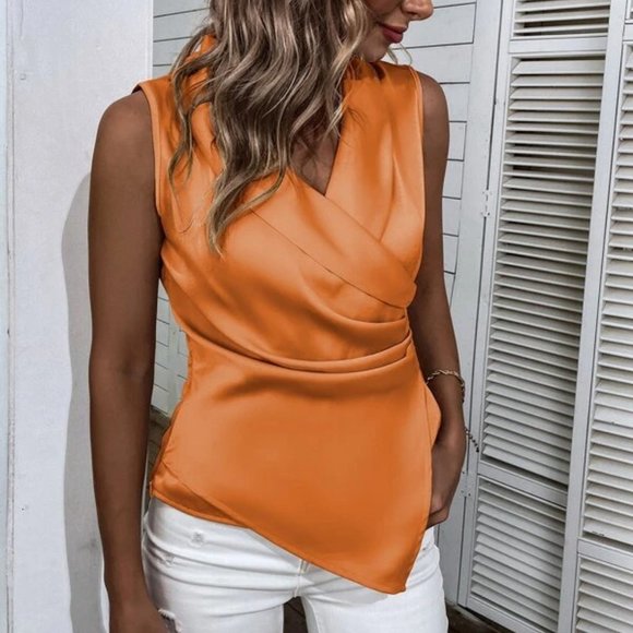Orange Satin Shawl Collar Asymmetrical Hem Blouse - Picture 2 of 7